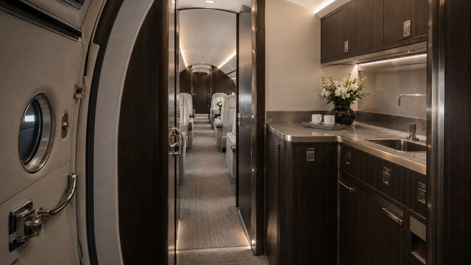 Heritage Grand entry and galley design in dark walnut with brushed metal details